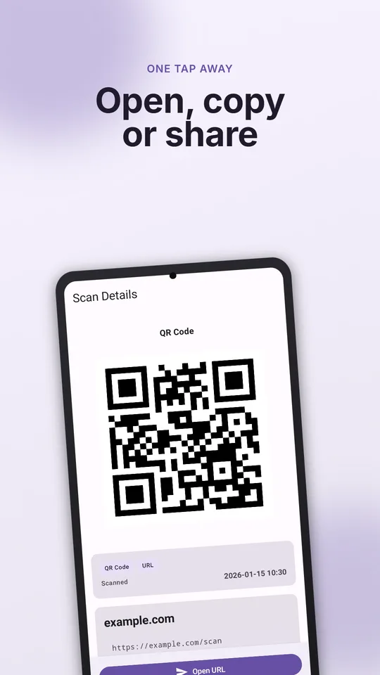 QRCoder показывает ссылку, домен и кнопку открытия до перехода