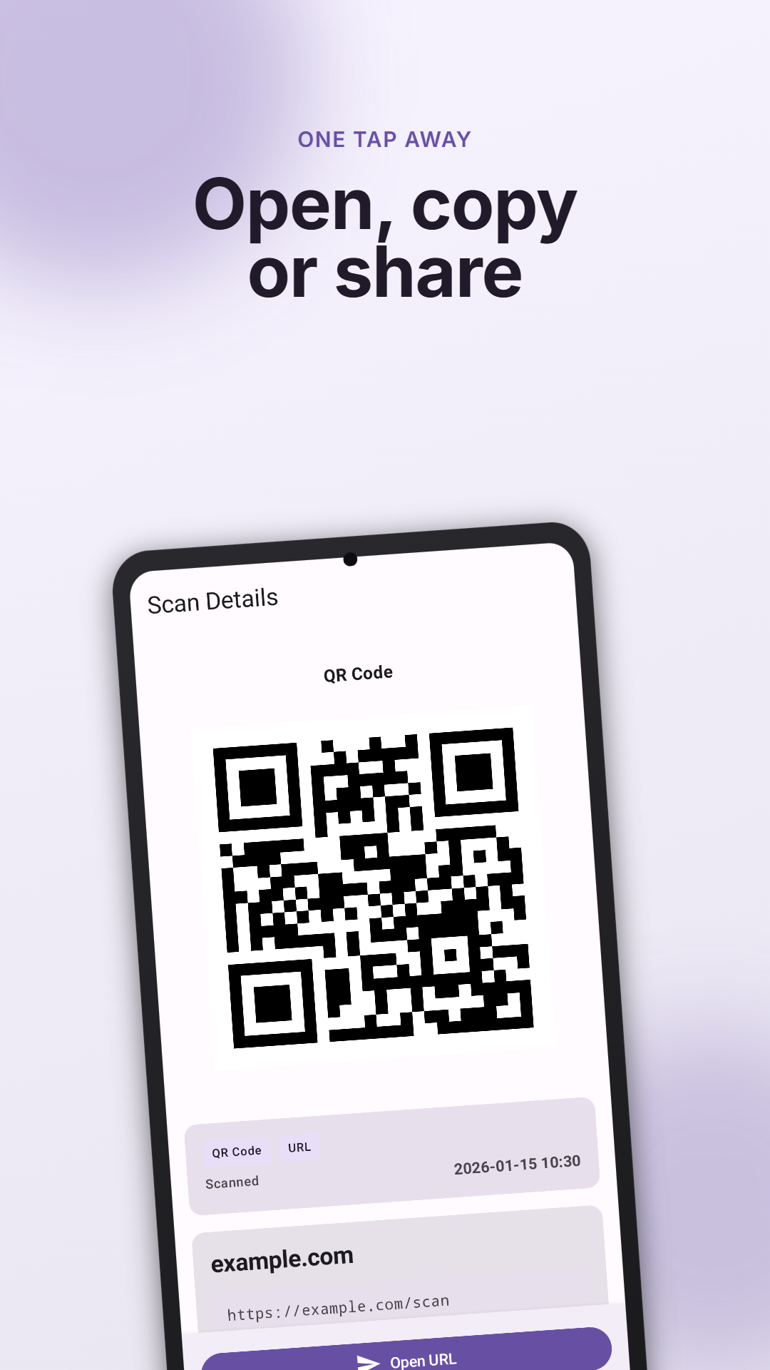 QRCoder scan result with content details and quick actions