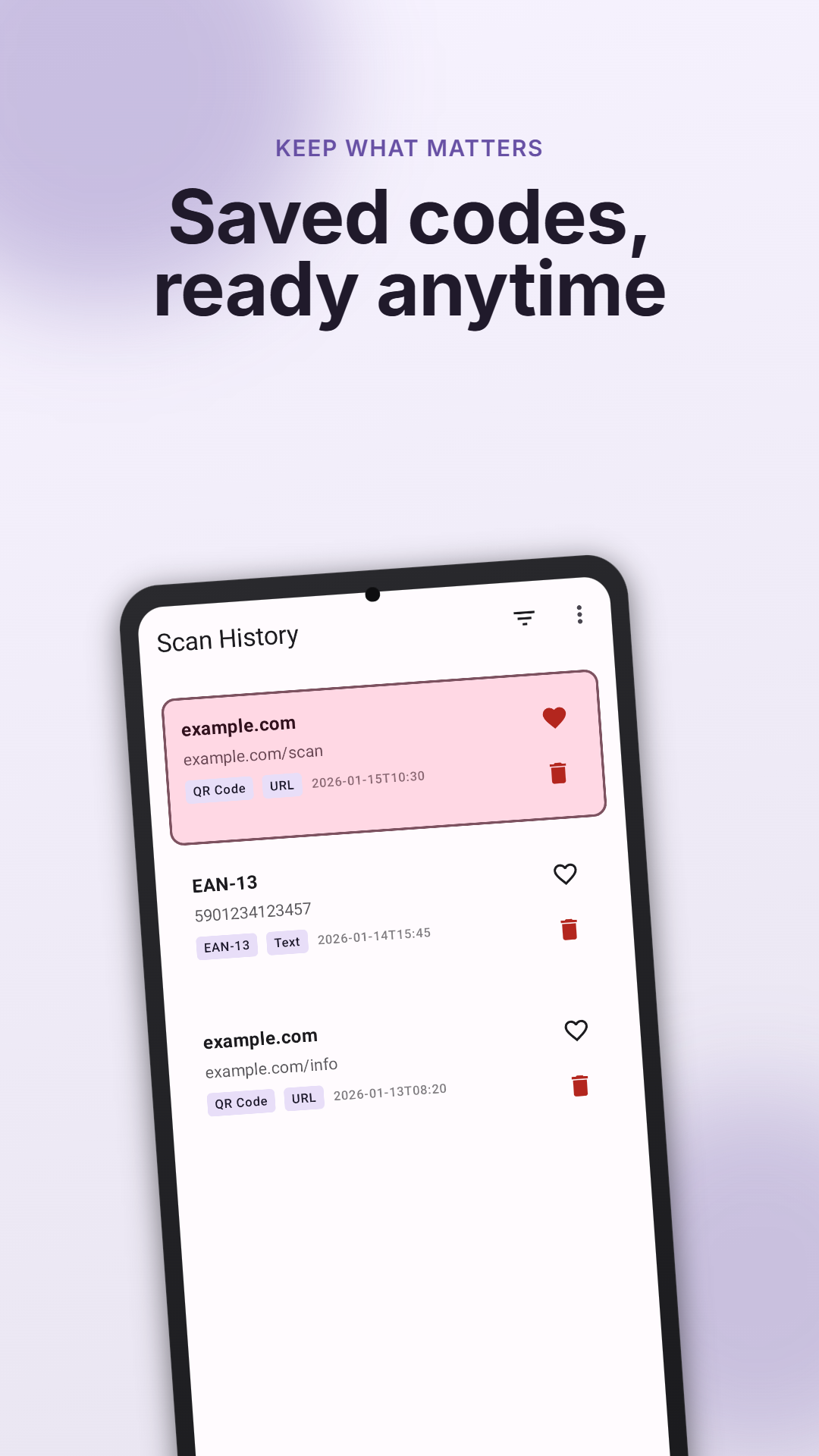 QRCoder history screen with saved scans on the device